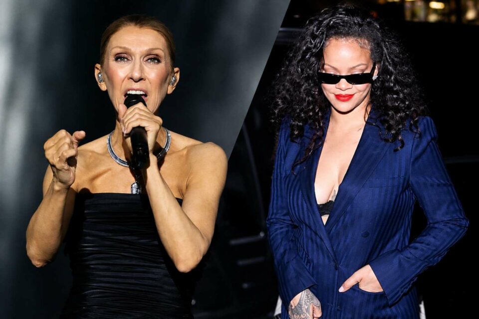 Rihanna in a navy pinstriped suit at Céline Dion’s Paris concert
